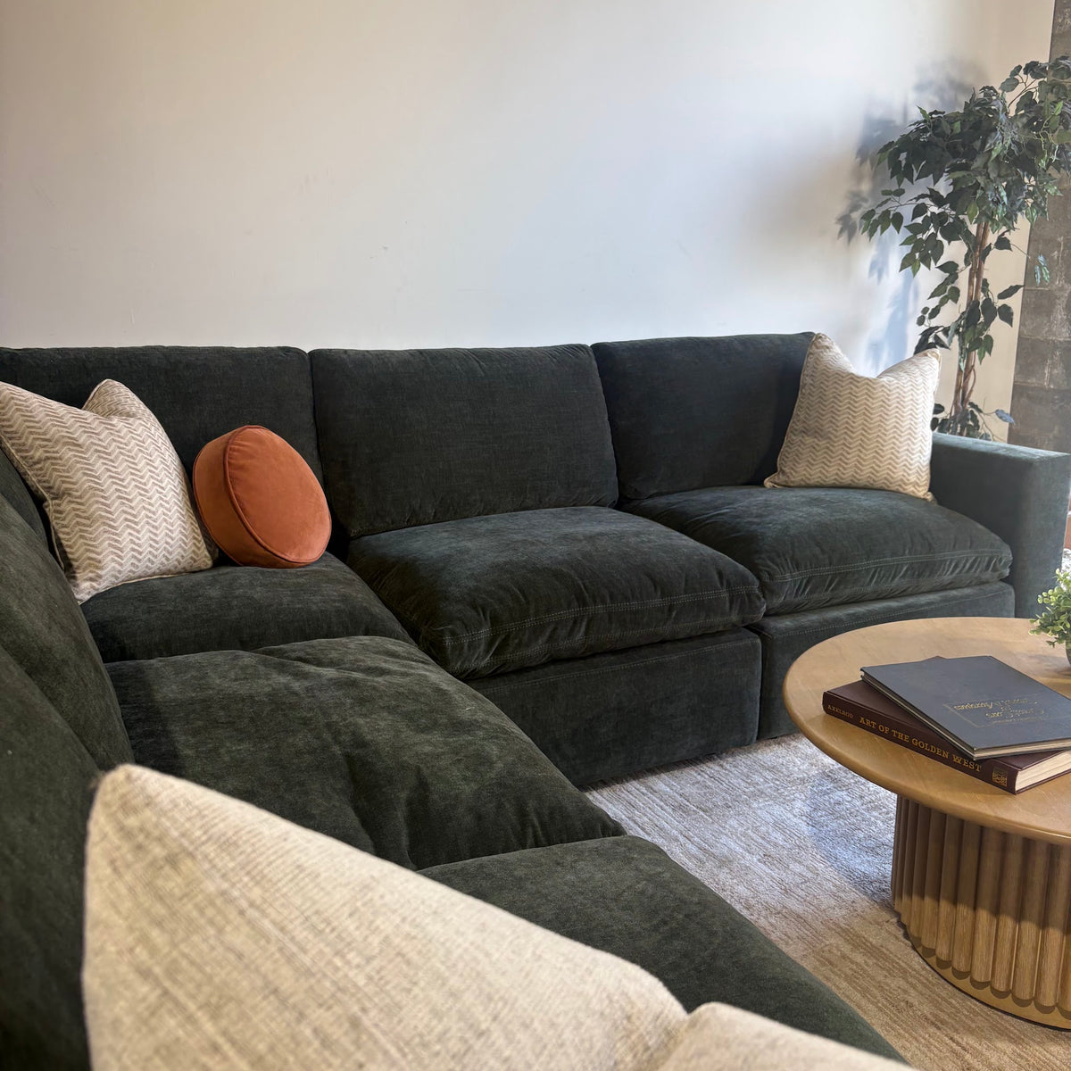 Cypress Corner Sectional in Velvet Forest Green, left close-up