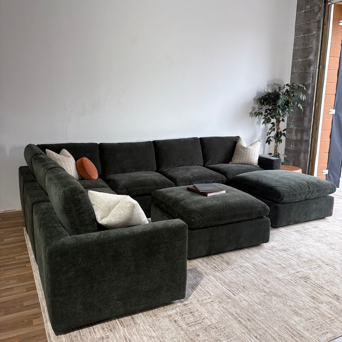 Cypress Grand Corner + 2 Ottomans in Velvet Forest Green, left view