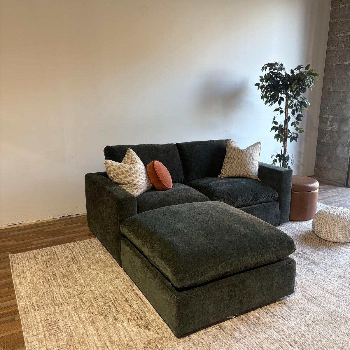 Cypress Loveseat + Ottoman in Velvet Forest Green, left view