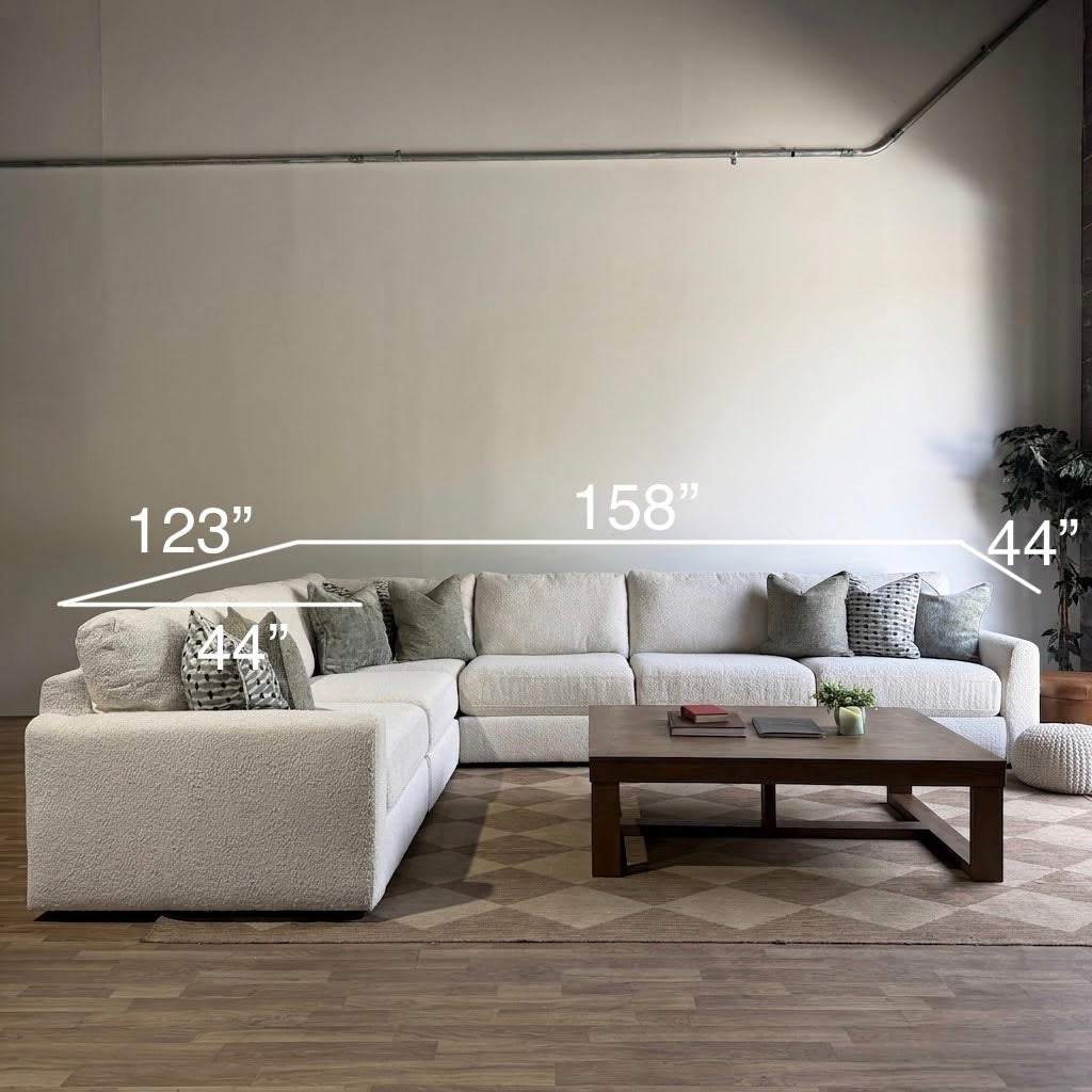 Oak Grand Corner Sectional in Performance Snow Boucle with dimensions by Kindred Couches
