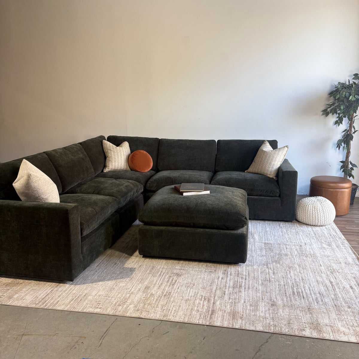 Cypress Corner Sectional + Ottoman in Velvet Forest Green, left view