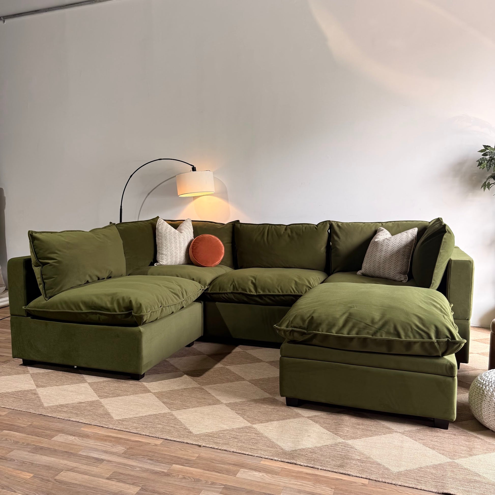 Albany Park Kova L-Shape + Ottoman in Olive Velvet
