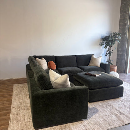 Cypress Corner Sectional + Ottoman in Velvet Forest Green, left view