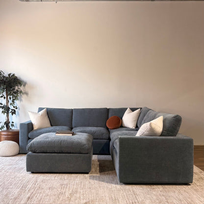 Cypress Corner Sectional + Ottoman in Velvet Opal Blue, reversed layout