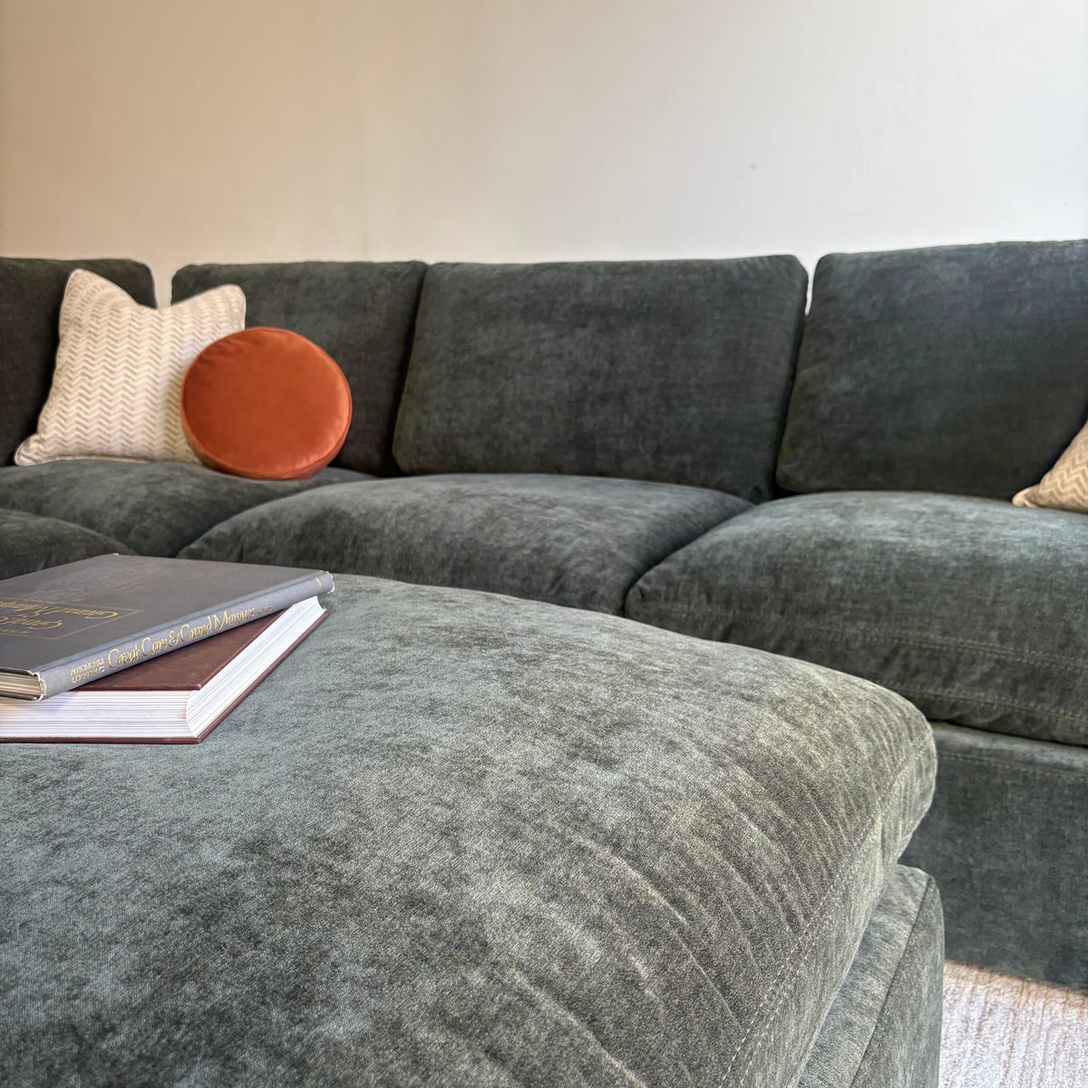 Cypress Corner Sectional + Ottoman in Velvet Forest Green, right close-up