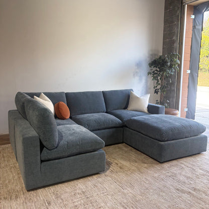 Cypress L-Shape + Ottoman in Velvet Opal Blue, left view