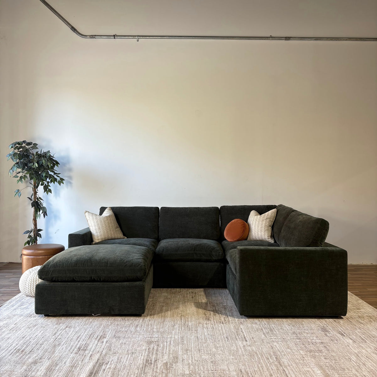 Cypress L-Shape Enclosed + Ottoman in Velvet Forest Green, reversed layout