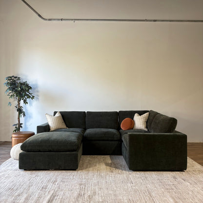 Cypress L-Shape Enclosed + Ottoman in Velvet Forest Green, reversed layout