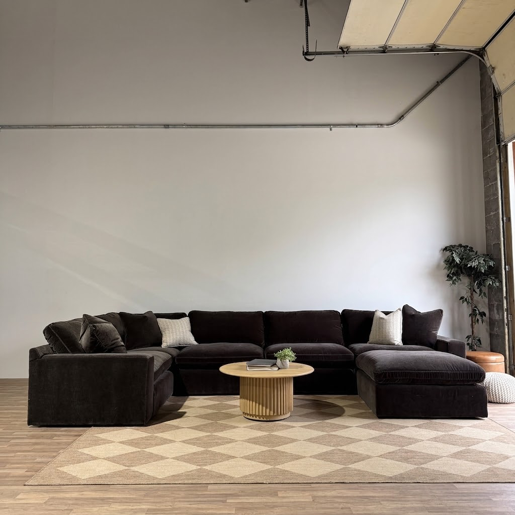 Woodland U-Shape Enclosed with Classic Ottoman in Chocolate Velvet