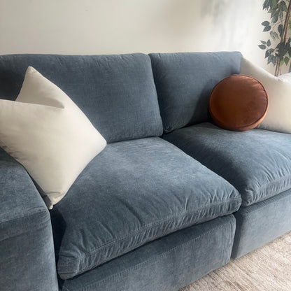 Cypress Loveseat in Velvet Opal Blue, left close-up