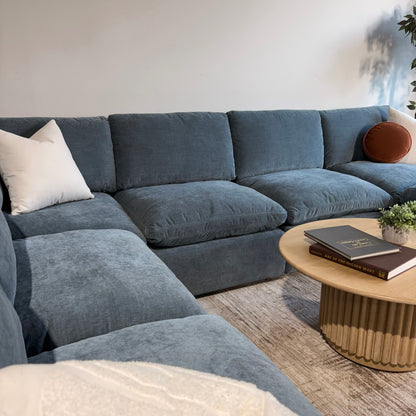 Cypress Grand Corner + Ottoman in Velvet Opal Blue, left close-up