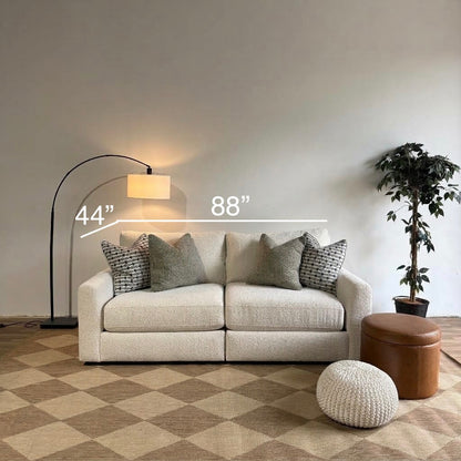 Oak Loveseat in Performance Snow Boucle with dimensions by Kindred Couches