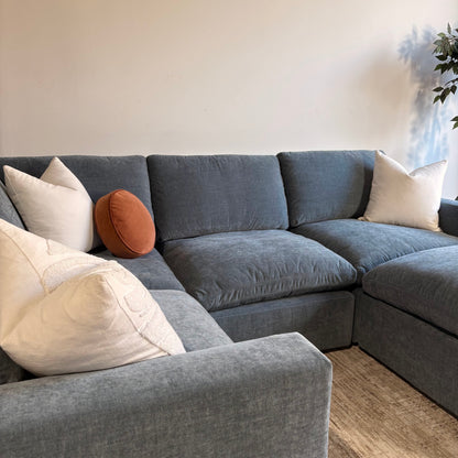 Cypress L-Shape Enclosed + Ottoman in Velvet Opal Blue, left close-up