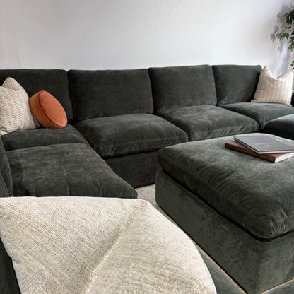 Cypress Grand Corner + 2 Ottomans in Velvet Forest Green, left close-up