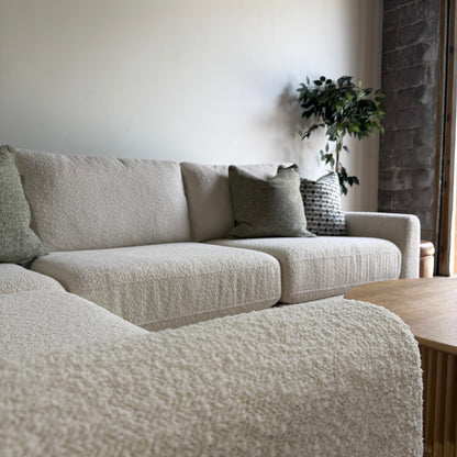 Oak L-Shape Enclosed in Performance Snow Boucle by Kindred Couches