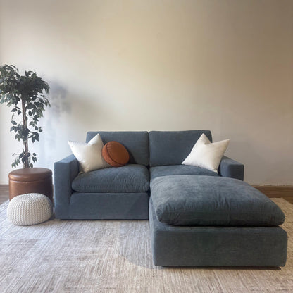 Cypress Loveseat + Ottoman in Velvet Opal Blue, reversed layout