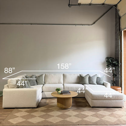 Oak U-Shape Enclosed in Performance Snow Boucle with dimensions by Kindred Couches