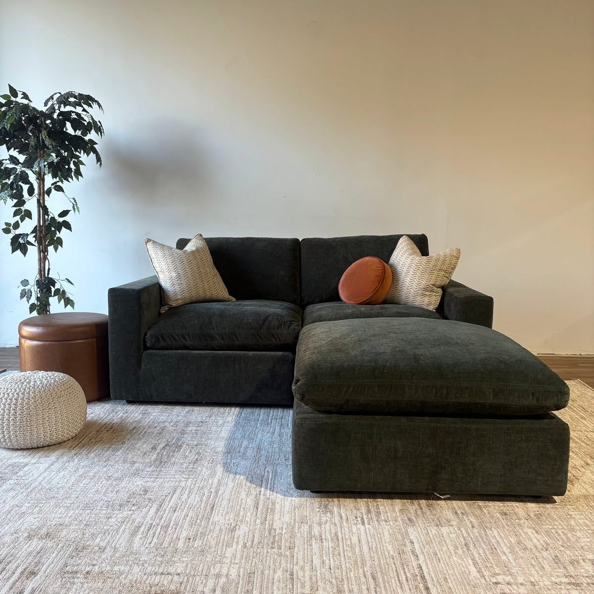 Cypress Loveseat + Ottoman in Velvet Forest Green, reversed layout