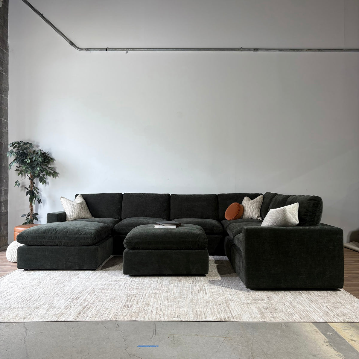 Cypress Grand Corner + 2 Ottomans in Velvet Forest Green, reversed layout