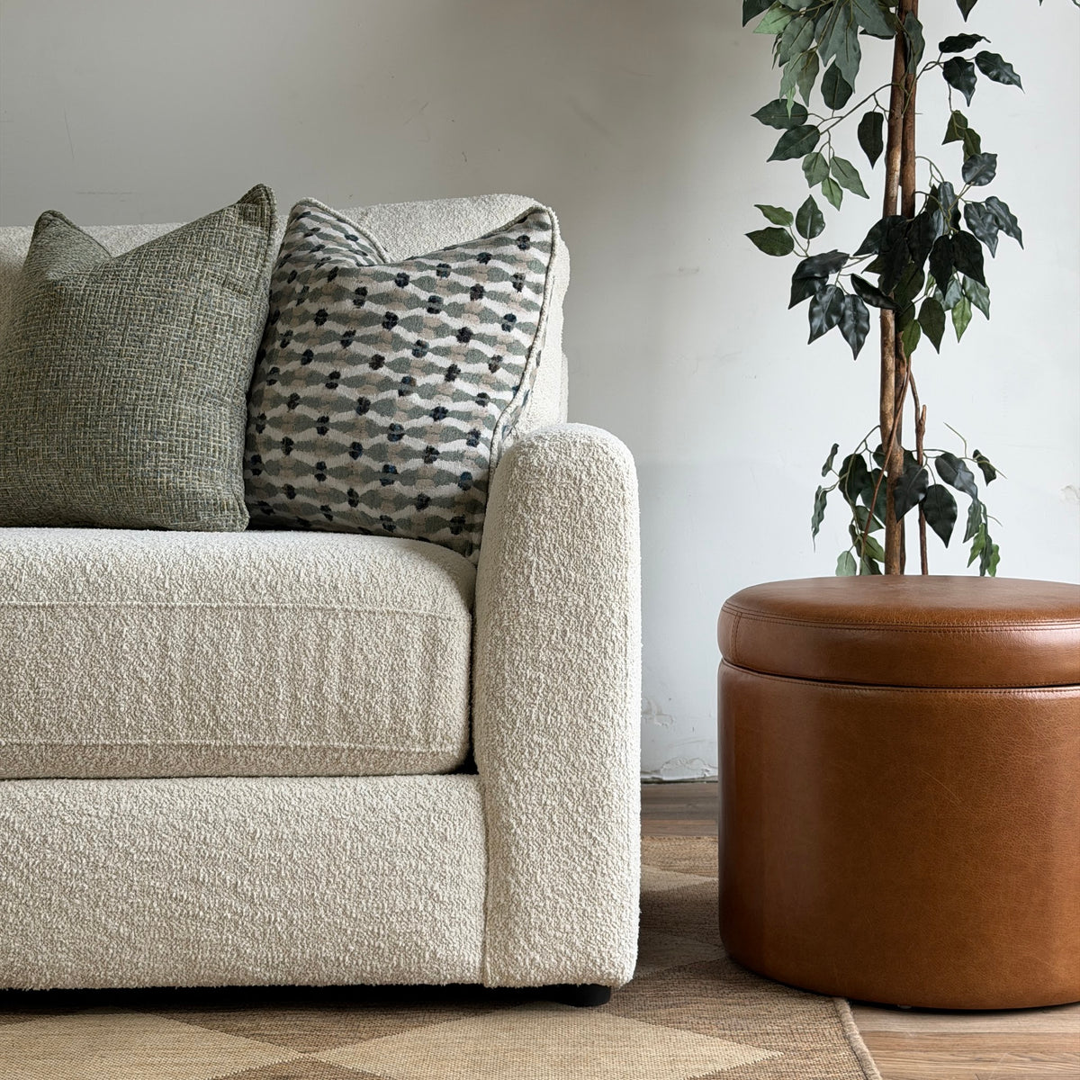Oak arm detail in Performance Snow Boucle by Kindred Couches