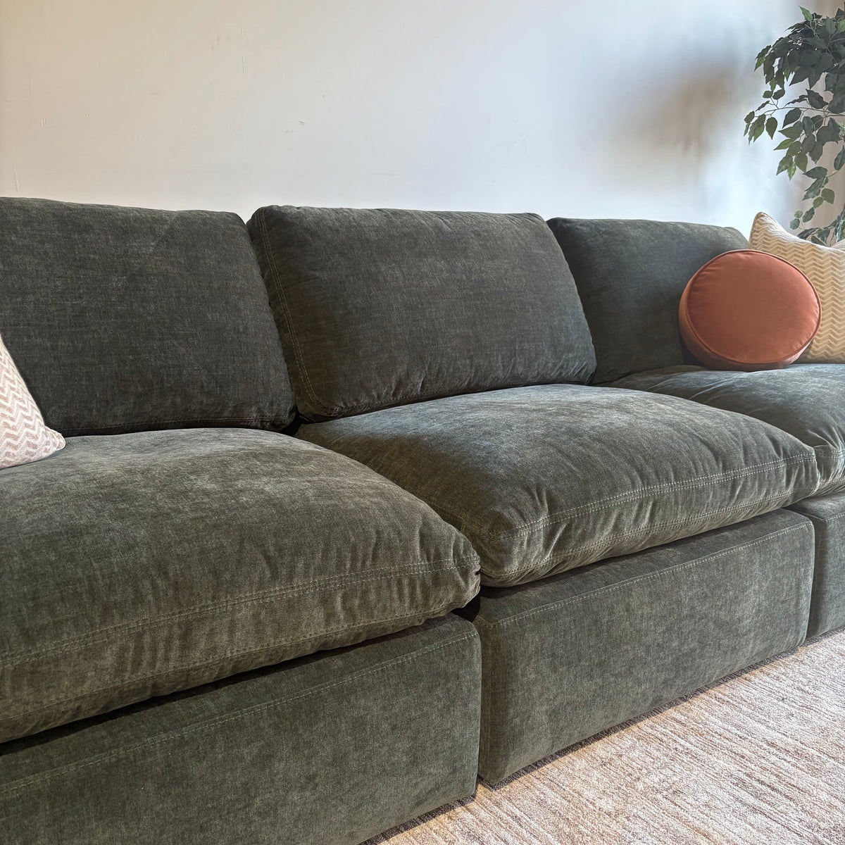 Cypress Sofa in Velvet Forest Green, left close-up