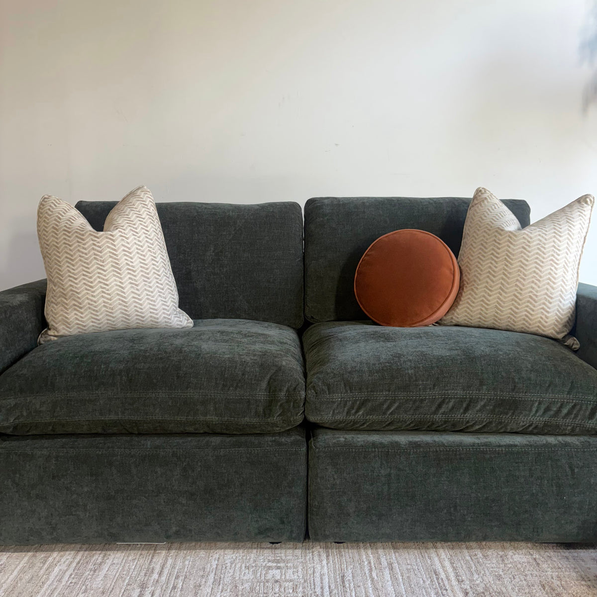 Cypress Loveseat in Velvet Forest Green, front close-up