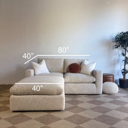 Cypress Loveseat + Ottoman in Oatmeal Basketweave, dimensions