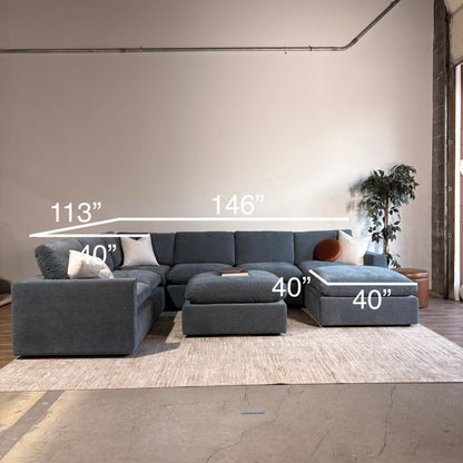 Cypress Grand Corner + 2 Ottomans in Velvet Opal Blue, dimensions