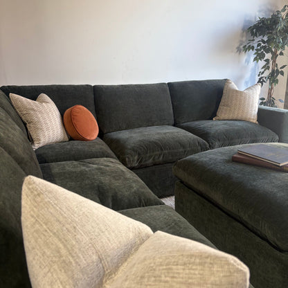 Cypress Corner Sectional + Ottoman in Velvet Forest Green, left close-up