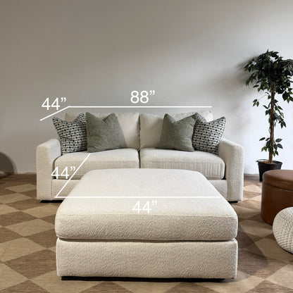 Oak Loveseat + Ottoman in Performance Snow Boucle by Kindred Couches