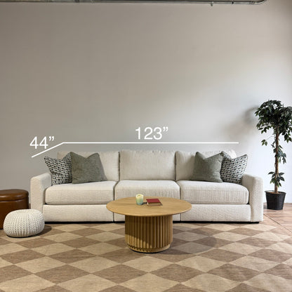Oak Sofa in Performance Snow Boucle with dimensions by Kindred Couches