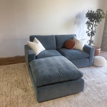 Cypress Loveseat + Ottoman in Velvet Opal Blue, left view