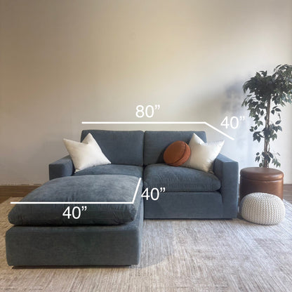 Cypress Loveseat + Ottoman in Velvet Opal Blue, dimensions