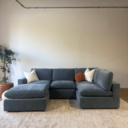 Cypress L-Shape + Ottoman in Velvet Opal Blue, reversed layout