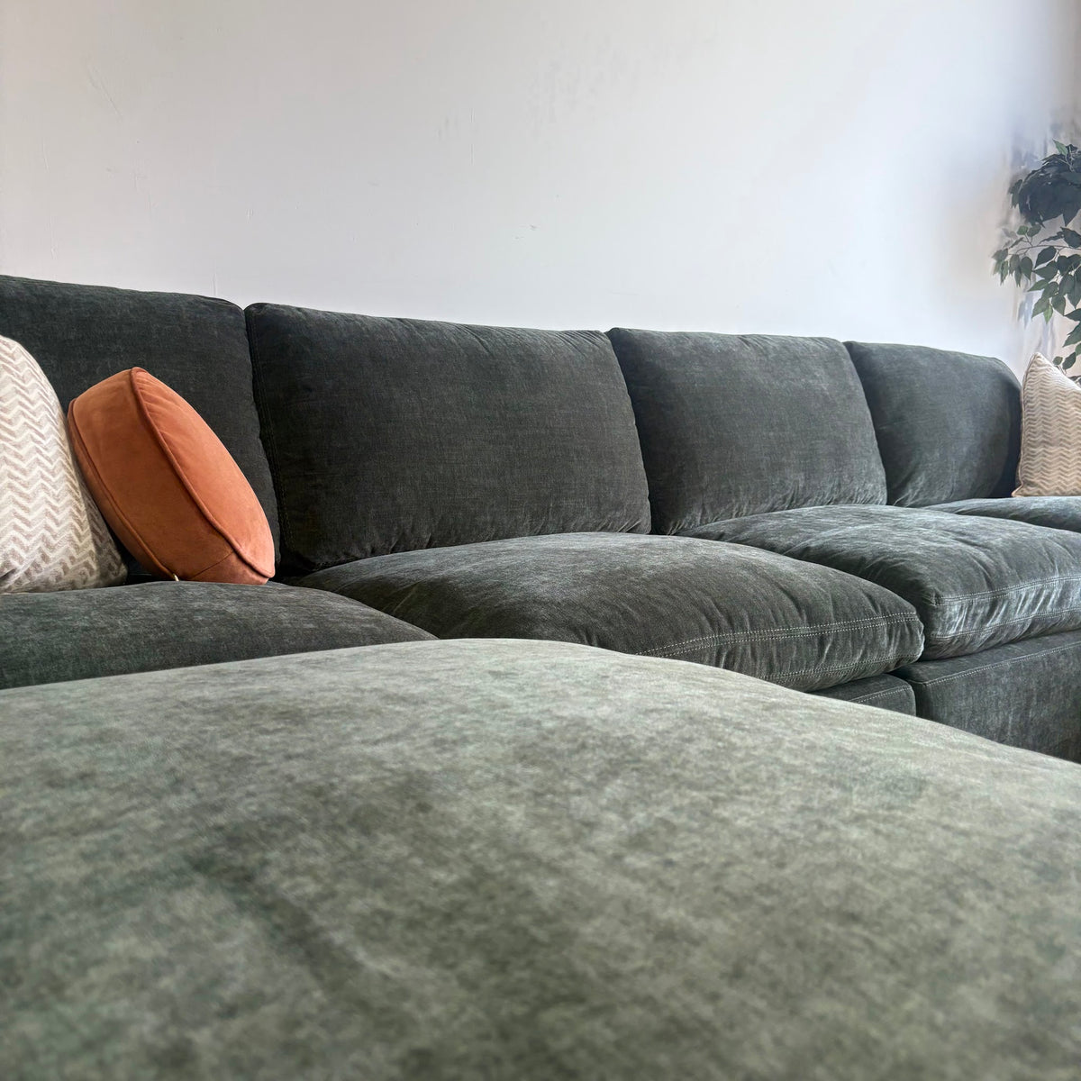 Cypress Double Chaise in Velvet Forest Green, left close-up