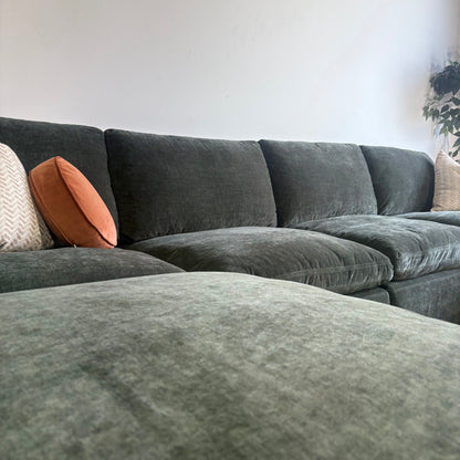 Cypress Double Chaise in Velvet Forest Green, left close-up