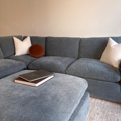 Cypress Corner Sectional + Ottoman in Velvet Opal Blue, right close-up