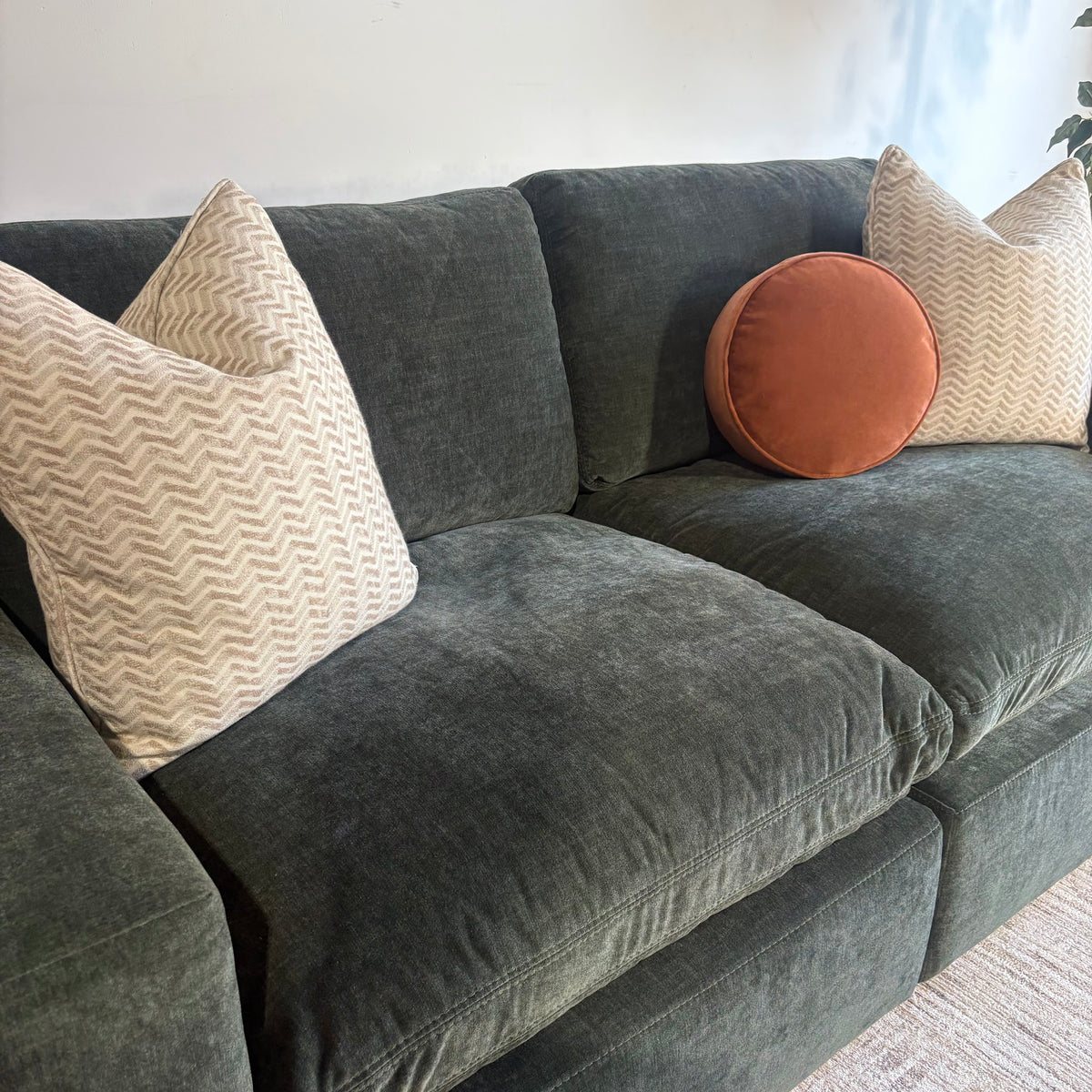 Cypress Loveseat in Velvet Forest Green, left close-up