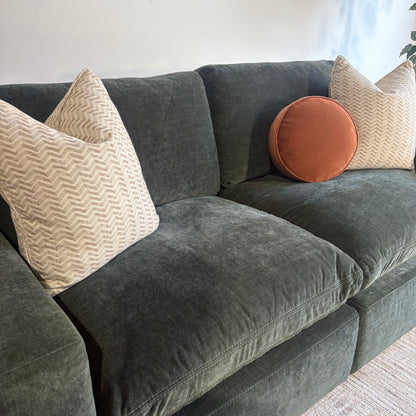 Cypress Loveseat in Velvet Forest Green, left close-up