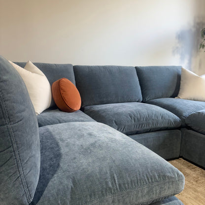 Cypress L-Shape + Ottoman in Velvet Opal Blue, left close-up