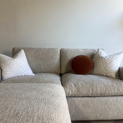 Cypress Loveseat + Ottoman in Oatmeal Basketweave, front close-up