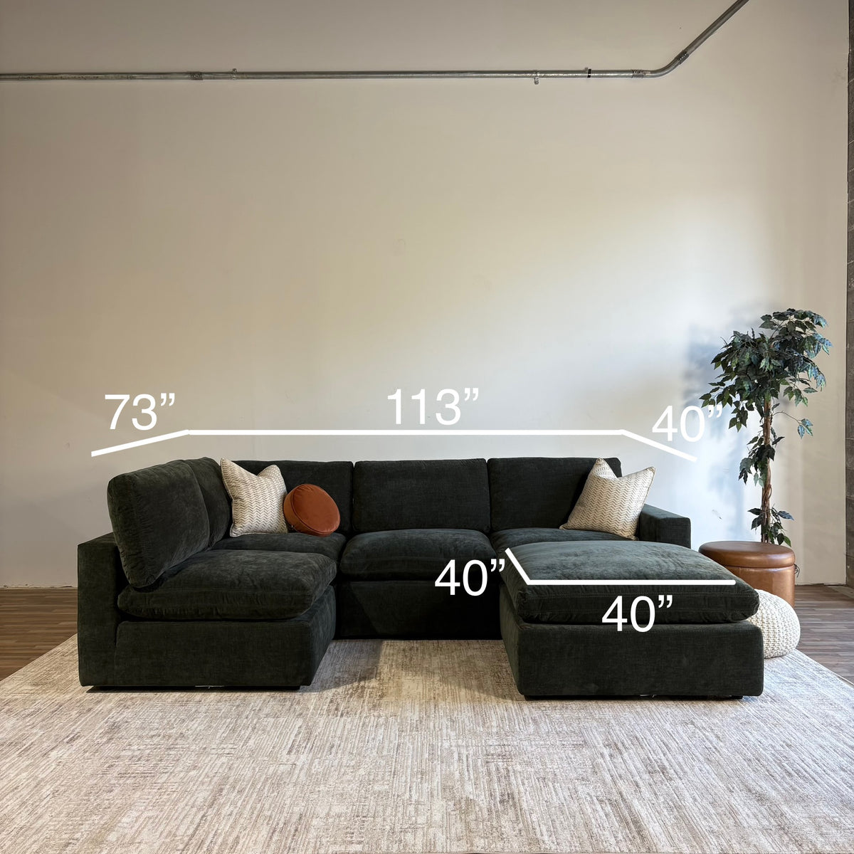 Cypress L-Shape + Ottoman in Velvet Forest Green, dimensions
