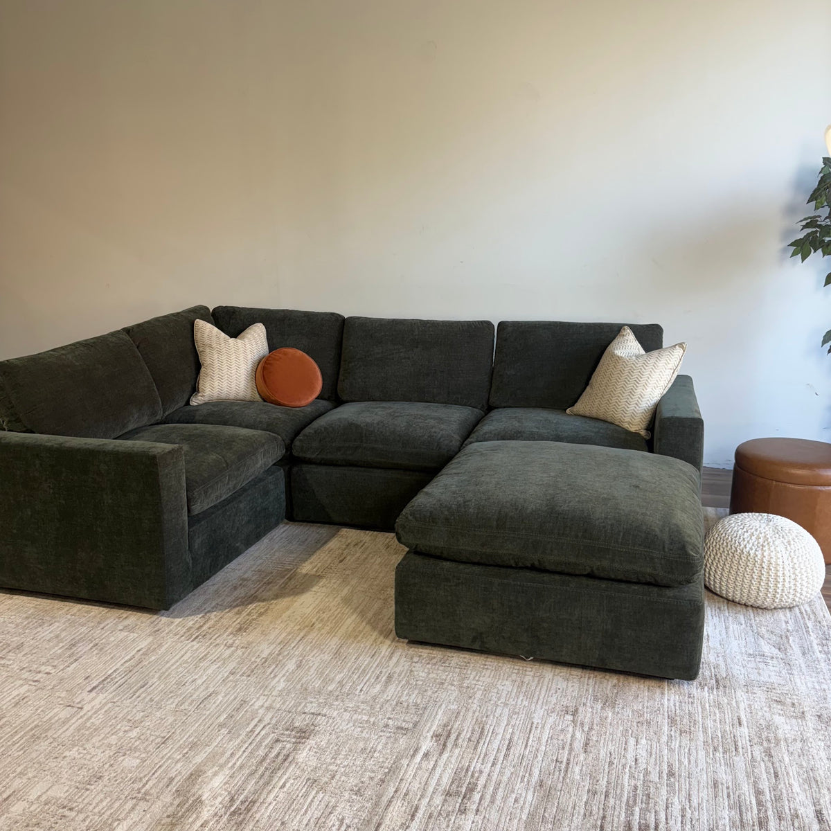 Cypress L-Shape Enclosed + Ottoman in Velvet Forest Green, left view