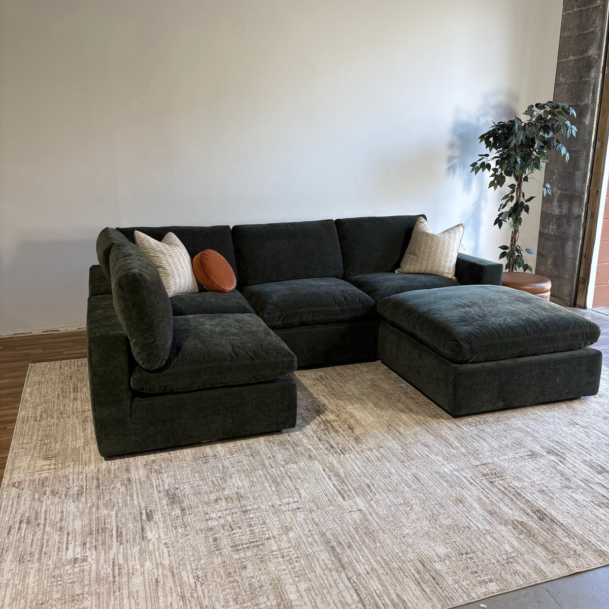 Cypress L-Shape + Ottoman in Velvet Forest Green, left view