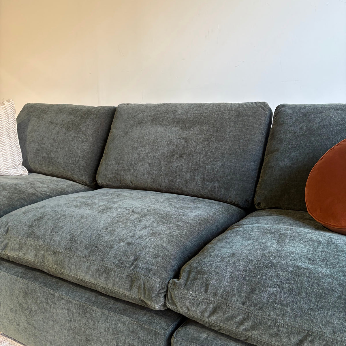 Cypress Sofa in Velvet Forest Green, right close-up