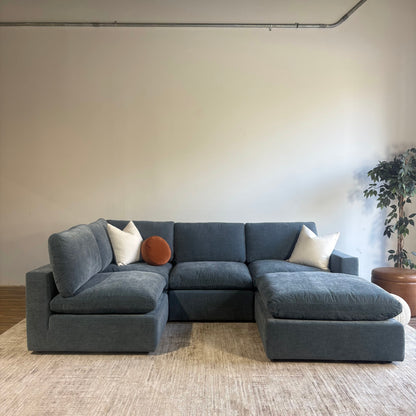 Cypress L-Shape + Ottoman in Velvet Opal Blue, front view