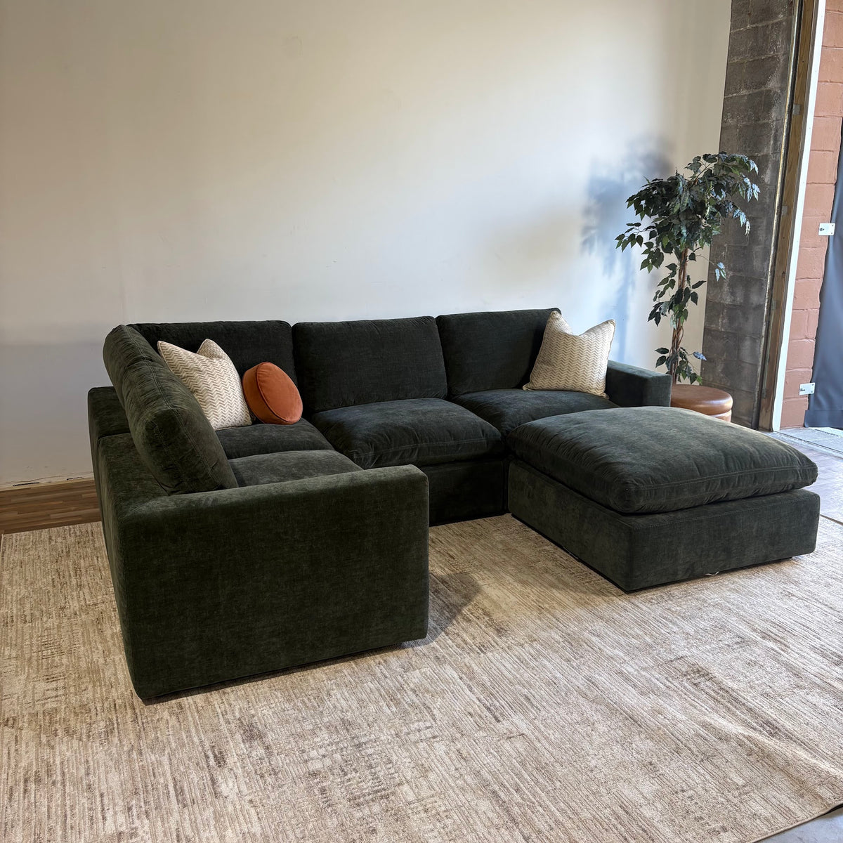 Cypress L-Shape Enclosed + Ottoman in Velvet Forest Green, left view