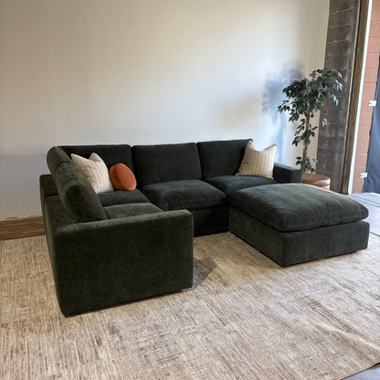 Cypress L-Shape Enclosed + Ottoman in Velvet Forest Green, left view