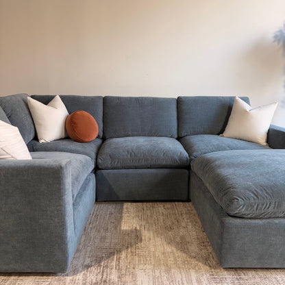 Cypress L-Shape Enclosed + Ottoman in Velvet Opal Blue, front close-up