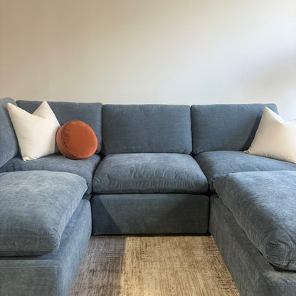 Cypress L-Shape + Ottoman in Velvet Opal Blue, front close-up